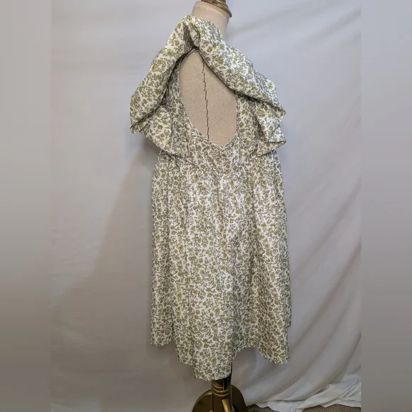 Green Floral Patterned Mini V Neck Puff Sleeve Babydoll Dress L - Picture 7 of 15